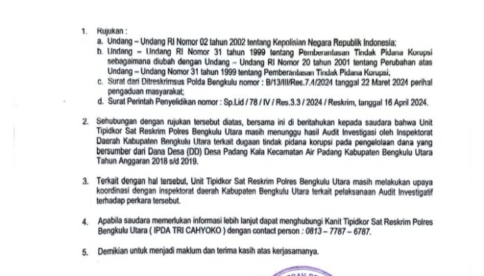 Kasus DD Padang Kala “Ngendap” di Polres BU, Pelapor Bersurat ke Kapolda